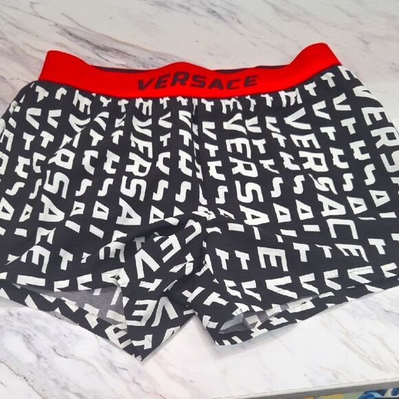 Versace Black and White Swim Shorts with Red Waistband - Picture 1 of 6